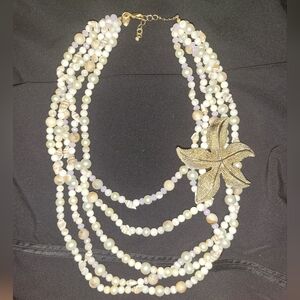 Pearlized Layered Beaded Necklace with Goldtone Starfish Accent